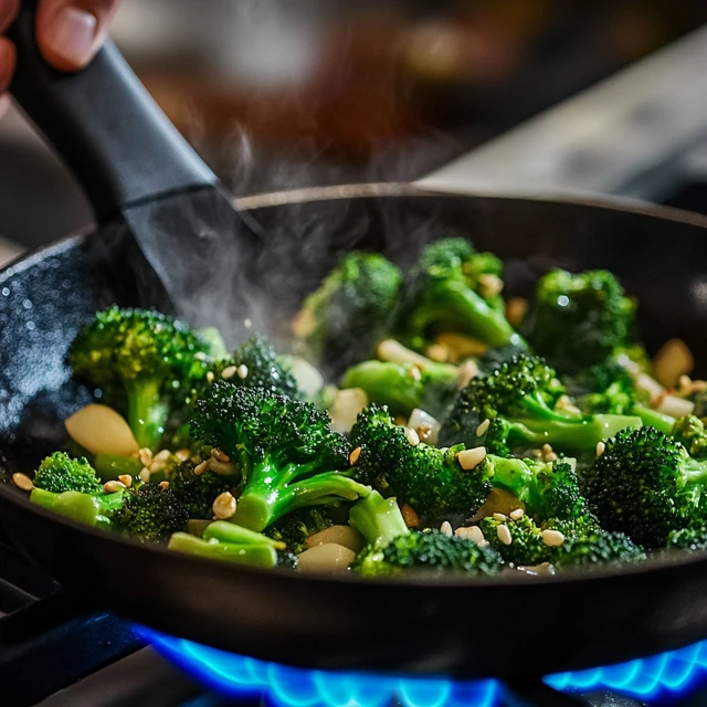 A dynamic cooking shot of a chef stir-frying fresh broccoli, with garlic and sesame seeds adding flavor. The vibrant green color and light charring enhance its appeal. A chef stir-frying broccoli in a pan with garlic and sesame seeds.