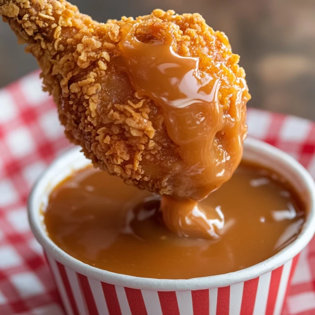 A playful dessert that mimics fried chicken in appearance but surprises with a sweet, creamy ice cream filling. Fried chicken ice cream being dipped into caramel sauce, with a crispy golden coating and creamy ice cream center.