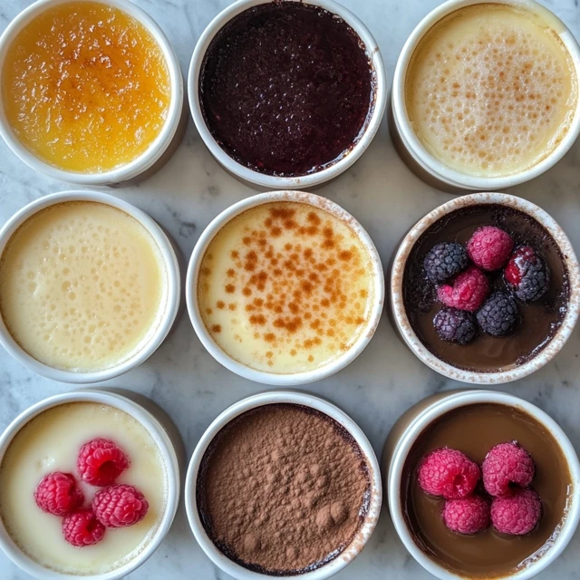 A variety of crème brûlée flavors displayed side by side, highlighting the dessert's versatility and flavor depth. Four crème brûlée variations—vanilla, chocolate, coffee, and raspberry—each with a caramelized sugar crust.