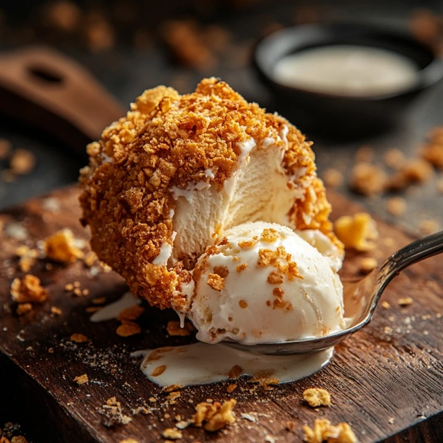 A detailed look at the contrast between the crunchy outer shell and the smooth, creamy ice cream inside. A spoon cutting into a fried chicken ice cream drumstick, showing creamy ice cream inside a crispy golden coating.