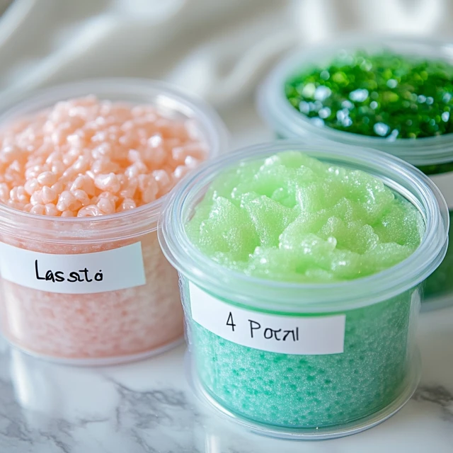 A fun and engaging moment of a child playing with homemade slime, showcasing its vibrant colors and stretchy texture. Child stretching colorful slime made with four simple ingredients.