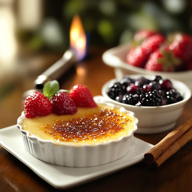An up-close look at the signature caramelized topping of crème brûlée, emphasizing the contrast between the crunchy top and creamy interior. A spoon breaking through the caramelized sugar topping of crème brûlée, revealing smooth custard underneath.
