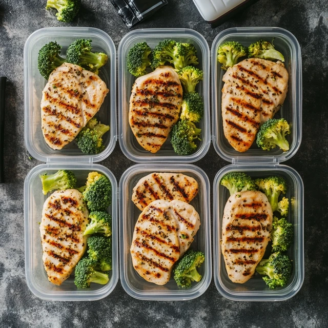 Prepped chicken and broccoli meals stored in containers, ideal for bodybuilders following a structured meal plan for muscle growth and fat loss. Meal prep containers filled with grilled chicken and broccoli, portioned for a bodybuilding diet.